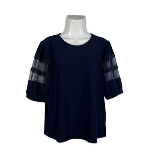 Love Scarlett Sheer Puff Sleeve Top XL Navy Blue Round Neck Boho Career Blouse